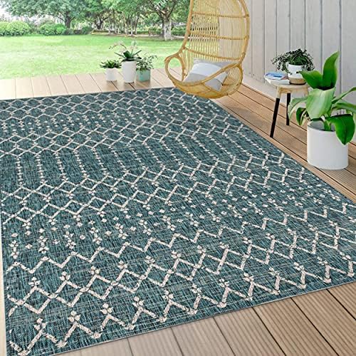 Eyely Moroccan Textured Weave Area Rug 9X12 Teal/Gray, Indoor Outdoor Rug by eyely