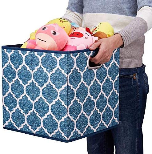 13x13x13 Inch Cube Storage Bins Blue Navy Foldable Grid Lantern Print Fabric Storage Basketes for Home Organizers Storage Drawer,QY-SC02-6 - Image 2