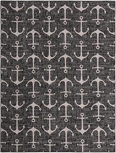 Unique Loom Outdoor Coastal Collection Area Rug - Ahoy (9'x 12' 2" Rectangle, Charcoal/ Ivory) - Image 3
