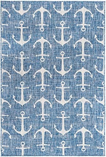Unique Loom Outdoor Coastal Collection Area Rug - Ahoy (5' 3" x 7' 10" Rectangle, Blue/ Ivory) - Image 3