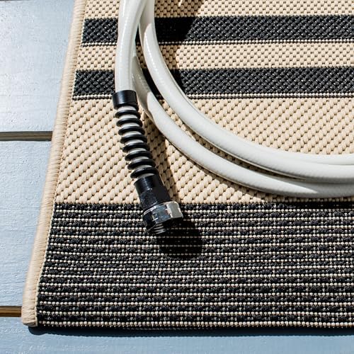 SAFAVIEH Courtyard Collection CY6062 Stripe Indoor/ Outdoor Non-Shedding Easy--Cleaning Patio Backyard Porch Deck Mudroom Area--Rug, 5'3" x 5'3" Square, Black / Bone - Image 5