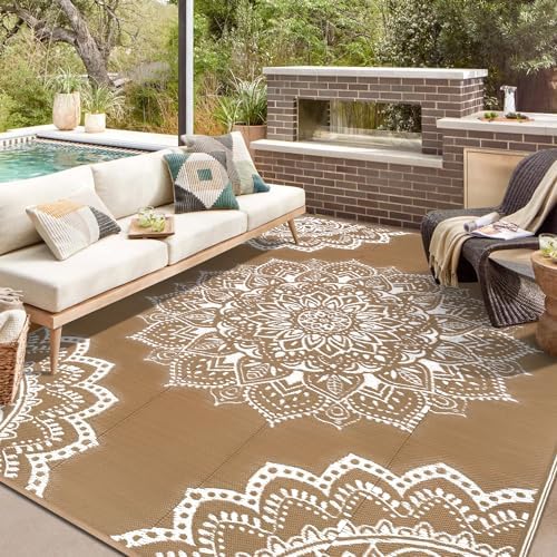 Yamaziot Waterproof Outdoor Rug 8x10 ft, Reversible Plastic Straw Rug for Patio Clearance, Camping, RV Mat, Large Outside Rug Carpet for Porch, Deck, Backyard, Balcony, Picnic (Brown) by Yamaziot