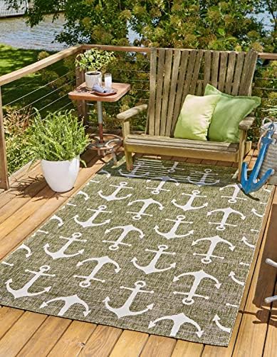 Unique Loom Outdoor Coastal Collection Area Rug - Ahoy (5' 3" x 7' 10" Rectangle, Green/ Ivory) by UniqueLoom