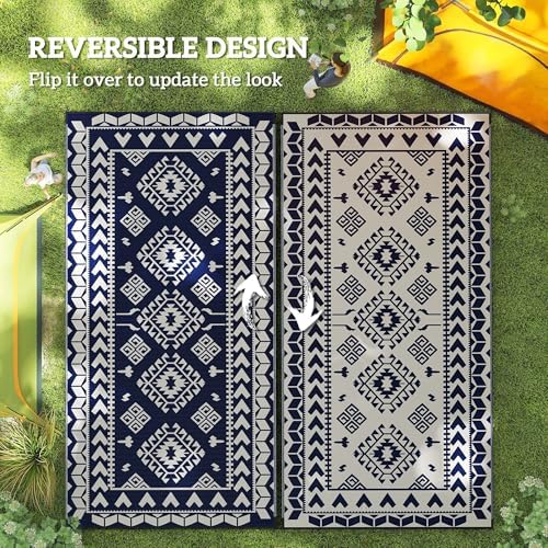 Outsunny Outdoor Rug for Patio Waterproof 9' x 18' Blue & White Rhombus - Image 7