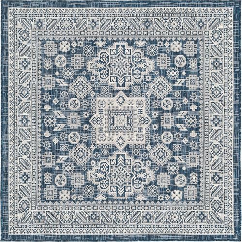 Rugs.com - Outdoor Aztec Rug – 5 Ft Square Blue Indoor/Outdoor Rug – Weather Resistant for Patios, Decks, and Porches - Image 3