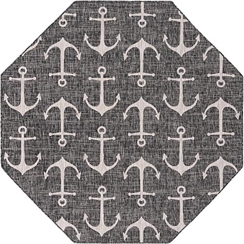 Unique Loom Outdoor Coastal Collection Area Rug - Ahoy (7' 10" x 10' Oval, Charcoal/ Ivory) - Image 3