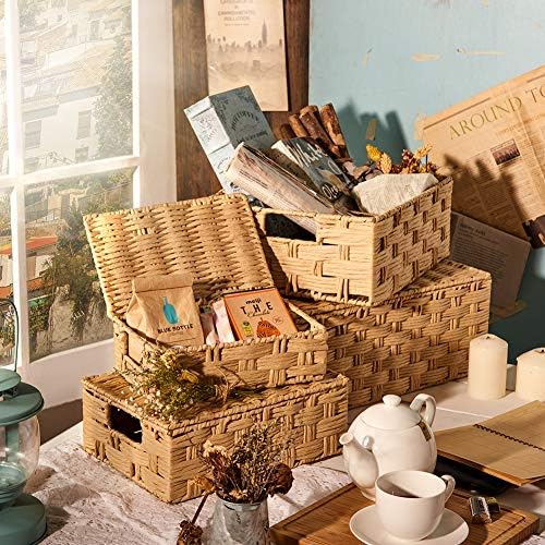 EZOWare Set of 4 Woven Wicker Stackable Storage Basket with Lid, Decorative Paper Rope Organizer Nesting Bin with Handles for Kids Baby Closets, Room Decor, Gift Baskets Empty - 4 Sizes, Beige - Image 4