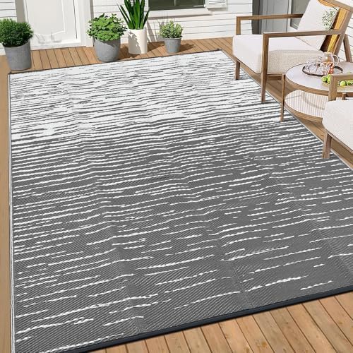 Outdoor Rug 8x10 Waterproof Patio Rugs Abstarct Line Reversible Mat for Front Door Rv Foldable Plastic Straw Carpet for Travel Trailers, Deck, Picnic, Porch, Camper, Balcony, Beach，Grey - Image 4