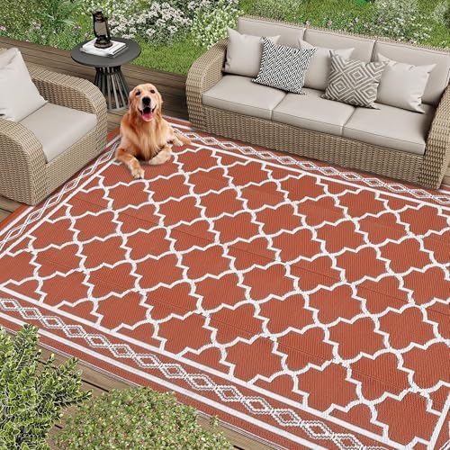 Reversible Mat 8x10 Plastic Straw Rug Outdoor Vintage Trellis Area Rug Waterproof Patio Rug Outdoor Camping Rug for RV Porch Deck Camper Balcony Backyard Easy Cleaning Picnic Mat Orange - Image 7