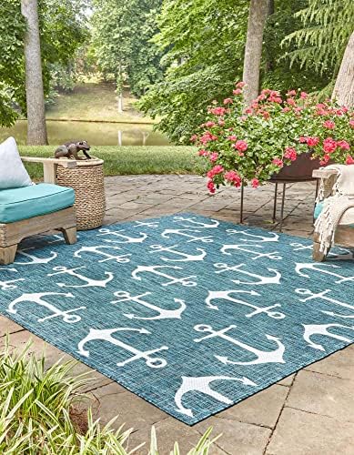 Unique Loom Outdoor Coastal Collection Area Rug - Ahoy (13' Square, Teal/ Ivory) - Image 3