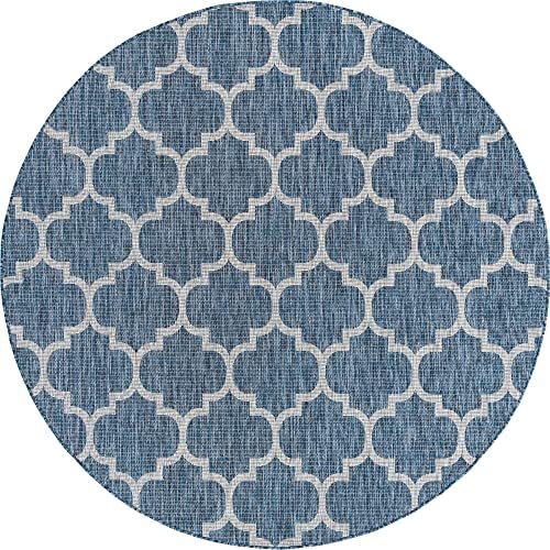 Unique Loom Trellis Collection Area Rug-Lattice Design, Moroccan Inspired for Indoor/Outdoor Décor, 7' 10" x 7' 10" Round, Navy Blue/Gray - Image 3