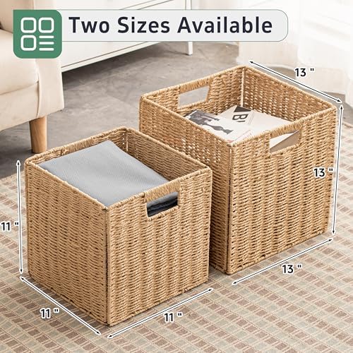 13x13x13 Storage Cube Bins Set of 4, Paper Rope Hand Woven Storage Basket with Handles, Collapsible Square Storage Cubes for Shelves, Wicker Shelf Baskets for Living Room Bedroom Organizing, Natural - Image 5