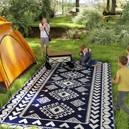 Outsunny Outdoor Rug for Patio Waterproof 9' x 18' Blue & White Rhombus - Image 3