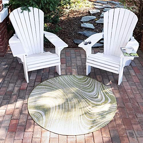 Unique Loom Outdoor Modern Collection Area Rug - Pool (4' 1" Round, Green/ Ivory) by UniqueLoom