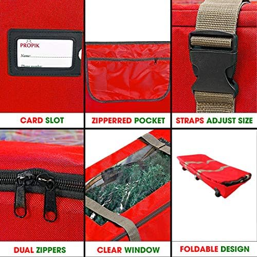 ProPik Rolling Christmas Tree Storage Bag, Fits Up to 9 Foot Tall Disassembled Trees, 25" X 25" X 60", Extra Large Heavy Duty Xmas Container with Wheels, Handles and Straps (Red) - Image 3