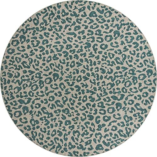 Unique Loom Outdoor Safari Collection Area Rug - Leopard (13' Round, Teal/ Ivory) - Image 2