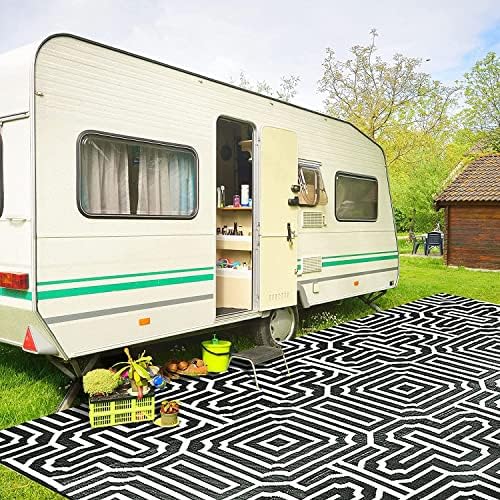 9' x 12' Plastic Straw Rug, Outdoor Patio Rug, RV Large Floor Mat for Outdoors, RV, Patio, Backyard, Deck, Picnic, Beach, Trailer, Camping, (Black&White | Parquet) - Image 4