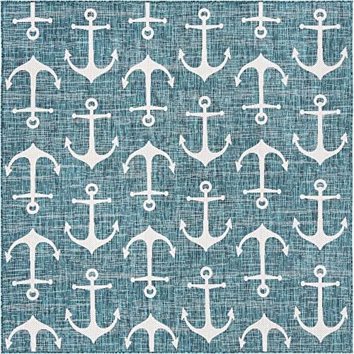 Unique Loom Outdoor Coastal Collection Area Rug - Ahoy (7' 10" Square, Teal/ Ivory) - Image 2