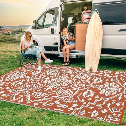 GAOMON 9x18 Boho Vintage Outdoor Rug Waterproof Patio Rug Vintage Floral Reversible Plastic Straw Picnic Rug Portable Outside Carpet for Patio RV Deck Backyard Beach Pool Side, Orange Red White - Image 3