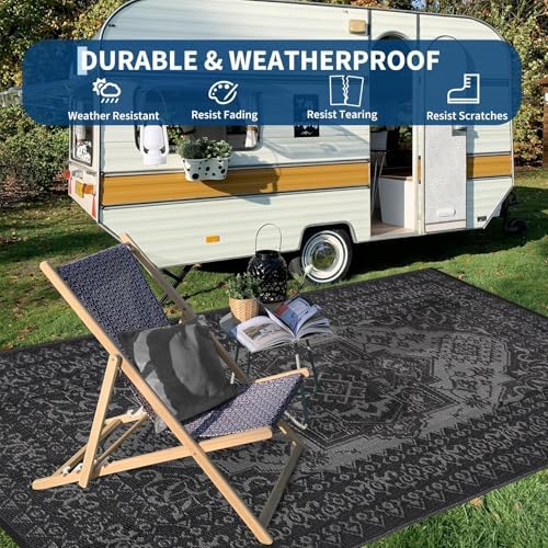 Outdoor Rug 9x12 Reversible Patio Rug Outdoor Plastic Straw Rugs Vintage Medallion Waterproof Outside Carpet for Deck RV Camping Rugs for Patio Backyard Picnic Porch Beach Balcony, Black Grey - Image 3