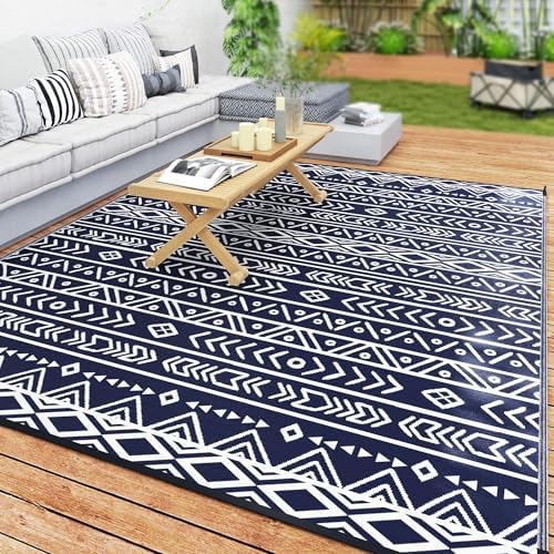 Outsunny Outdoor Rug for Patio Waterproof, 8' x 10', Blue White Geometric by Outsunny