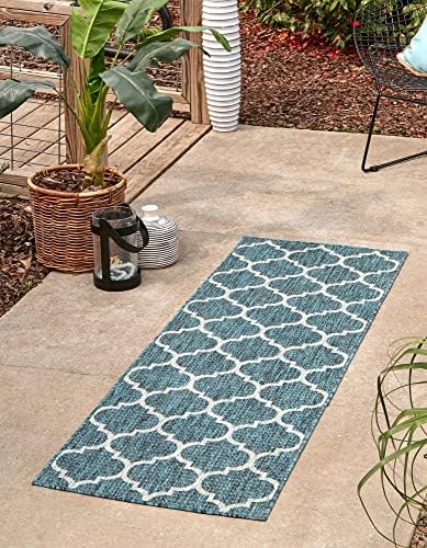 Unique Loom Outdoor Trellis Collection Area Rug (2' 7" x 12' Runner, Teal/ Gray) by UniqueLoom