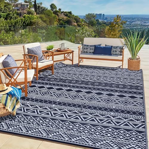 Outdoor Rug for Patio 6x9 Waterproof Reversible Patio Mat Vintage Boho Plastic Straw Rug Lightweight Outdoor Camping Rugs for RV Porch Deck Balcony Backyard Easy Clean Picnic Mat, Navy White by Unknown