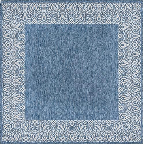 Unique Loom Outdoor Border Collection Area Rug - Floral Border (10' 8" Square, Blue/ Ivory) - Image 3