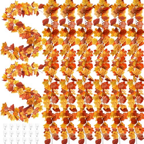 Helimoto 8Pcs Autumn Leaves Garland, 47.2 FT Hanging Fall Garland with 16 Hooks Artificial Fall Outdoor Garlands, Fall Decorations for Home Thanksgiving Halloween Decor Wedding Party Fireplace Mantle by Helimoto
