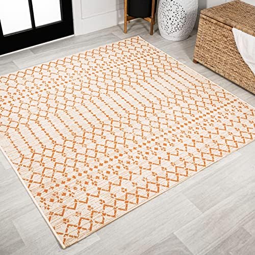 Eyely Moroccan Woven Square Rug 5X5 Cream/Orange, Indoor Outdoor Rug by eyely