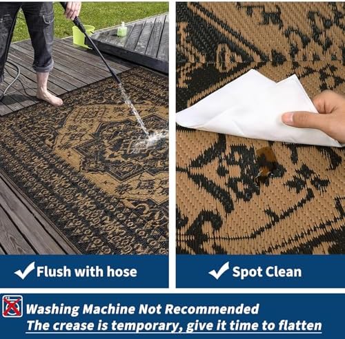 Outdoor Rug 9x12 Reversible Patio Rug Outdoor Plastic Straw Rugs Vintage Medallion Waterproof Outside Carpet for Deck RV Camping Rugs for Patio Backyard Picnic Porch Beach Balcony, Black Brown - Image 7