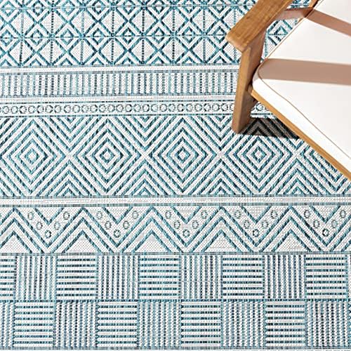 SAFAVIEH Washable Rug Outdoor Courtyard Collection - 4' x 5'7", Ivory & Turquoise, Non-Shedding & Easy Cleaning, Ideal for Patio, Backyard, Mudroom (CY8196-53512) - Image 4
