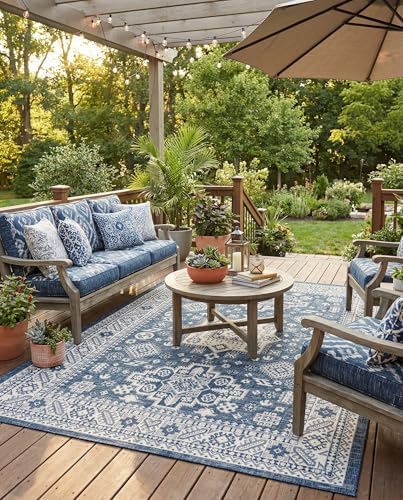 Rugs.com - Outdoor Aztec Rug – 7' 1 x 10' Blue Indoor/Outdoor Rug – Washable for Patios, Decks, and Porches by Rugscom