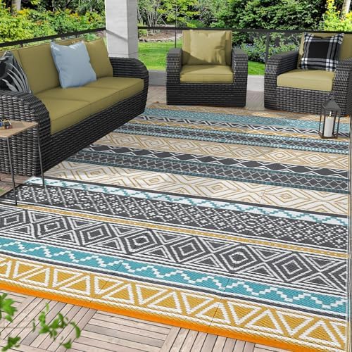 Reversible Mat 8x10 Plastic Straw Rug Outdoor Rug Bohemian Area Rug Waterproof Patio Rug Outdoor Camping Rug for RV Porch Deck Camper Balcony Backyard Easy Cleaning Picnic Mat Yellow Teal - Image 2