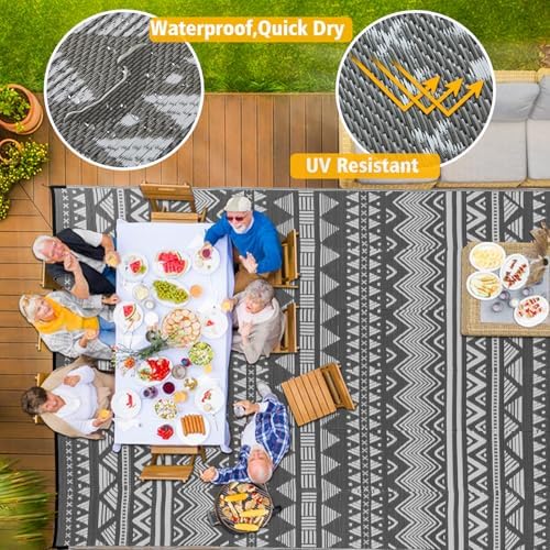 Large Rv Outdoor Rugs for Camping Outdoor Rug 10x14 Patio Waterproof 10x14 Plastic Patio Rug for Outside, Reversible Grey and White Boho Stripe Woven Mat for Deck, Porch, Camping, Balcony, RV, Yard - Image 2