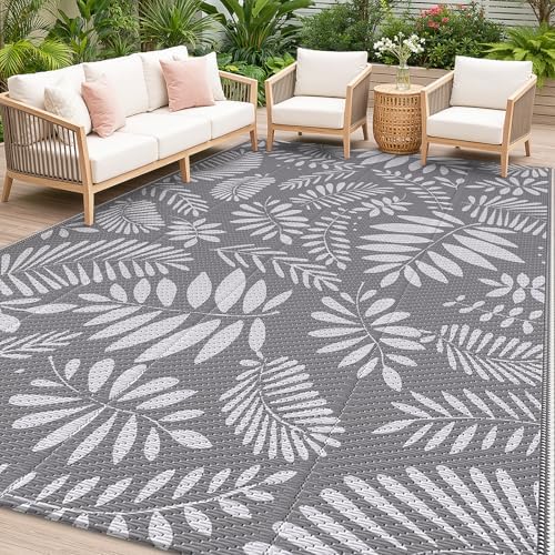 StepRite Outdoor Rug, Patio Rug, Plastic Straw Camping Rugs, Large Waterproof Area Rug and Mat for Outdoors, RV, Patio, Backyard, Deck, Porch, Beach, Balcony, (8'x 10', White&Gray) by Bringcushiontoyourlife