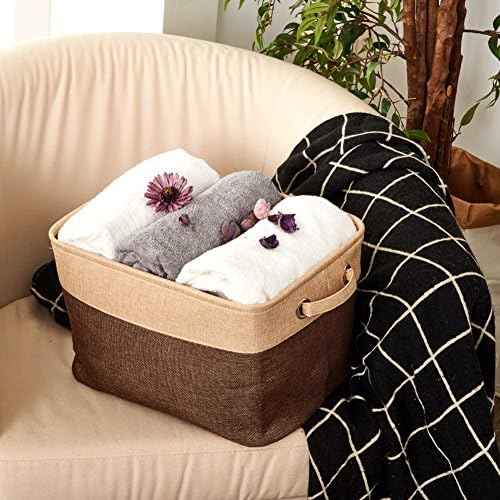 EZOWare Set of 3 Large Canvas Fabric Tweed Storage Organizer Cube Set W/Handles for Nursery Kids Toddlers Home and Office - 15 L x 10.5 W x 9.4 H -Brown/Beige - Image 2