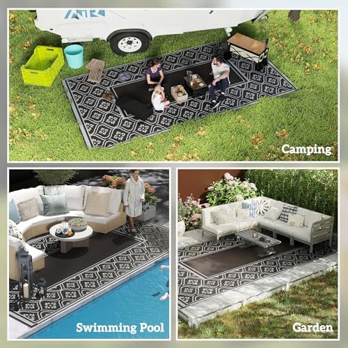 Outsunny Outdoor Rug for Patio Waterproof 9' x 18' Black & Gray Gourd - Image 5