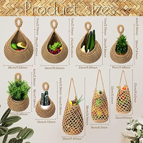 9 Pcs Jute Fruit Hanging Baskets for Kitchen, Boho Woven Wall Baskets, Produce Storage for Garlic Onion Potato Banana, Space Saving Farmhouse Kitchen Decor (Brown)(Brown) - Image 2