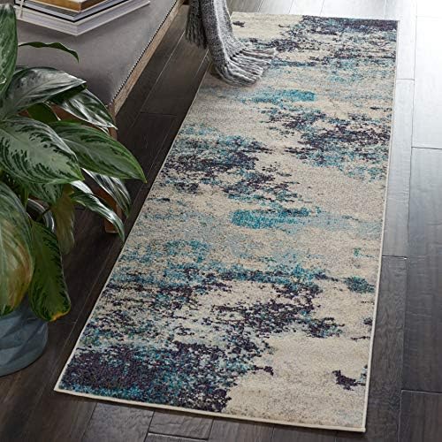 Nourison Home Celestial Modern Abstract Ivory/Teal Blue 2'2" x 12' Area Rug, Easy Clean, Non Shedding, Bed Room, Living Room, Dining Room, Kitchen (2x12) by NourisonHome