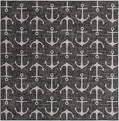 Unique Loom Outdoor Coastal Collection Area Rug - Ahoy (10'Square, Charcoal/ Ivory) - Image 3