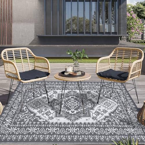 Outdoor Rug 9x12 Reversible Patio Rug Outdoor Plastic Straw Rug Vintage Medallion Washable Rug Waterproof for Deck RV Outside Rug for Patio Backyard Picnic Camp Beach Balcony Grey White - Image 3
