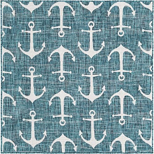 Unique Loom Outdoor Coastal Collection Area Rug - Ahoy (5' 3" Square, Teal/ Ivory) - Image 2