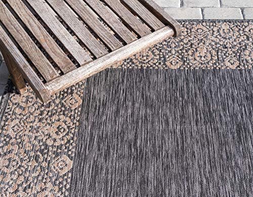 Unique Loom Outdoor Border Collection Area Rug - Floral Border (4' 1" Round, Charcoal Gray/ Beige) - Image 5