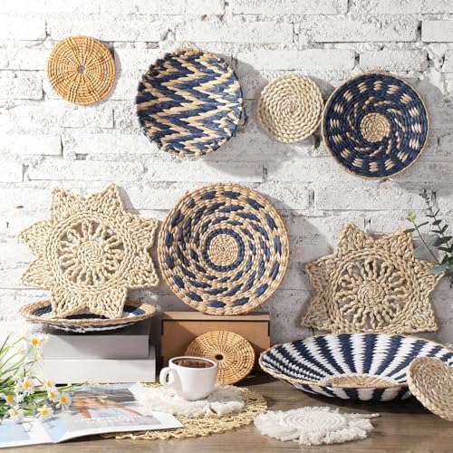15 Pcs Boho Wall Basket Decor Woven Rattan Seagrass Wall Decor Hanging Rustic Farmhouse Western Art Decoration for Nursery Living Room Bedroom Home Kitchen(Blue Style) - Image 2
