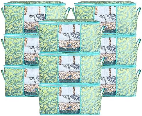 Kuber Industries Foldable Underbed Storage Bag|Organizer For Clothes Large|Non-Woven Comforter, Blanket Cover|Leaf Print & Side Handle|Pack of 9 (Green) by Kuber+Industries