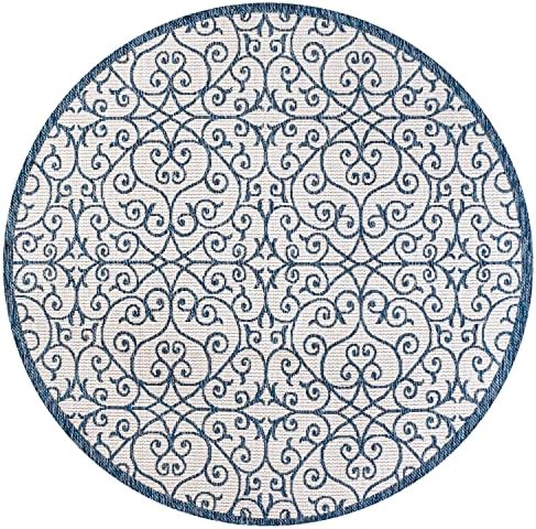 Eyely Filigree Textured Weave Round Rug 5 Ft Blue/Cream, Indoor Outdoor Rug - Image 3