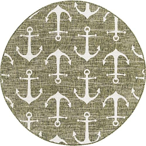 Unique Loom Outdoor Coastal Collection Area Rug - Ahoy (5' 3" Round, Green/ Ivory) - Image 3