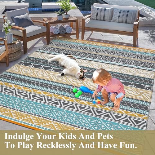 Large Outdoor Rug 10x14 Plastic Straw Rug for Patio Boho Reversible Mats Waterproof Camping Rugs for RV Beach Deck Picnic Backyard Porch Easy Cleaning Floor Mat Yellow Teal - Image 4