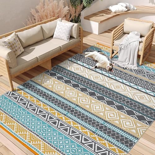 Outdoor Rug 9x12 Reversible Patio Rug Outdoor Plastic Straw Rug Bohemian Rug Waterproof for Deck RV Outside Rug for Patio Backyard Picnic Camp Beach Balcony Yellow Teal by Unknown